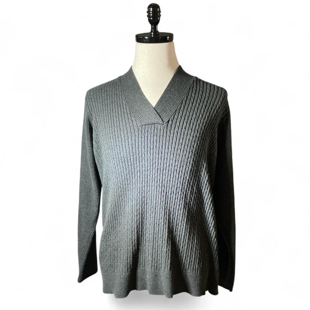 Jeanne Pierre Woman Gray Ribbed V Neck Sweater Plus Size 2X Cotton Blend Preppy